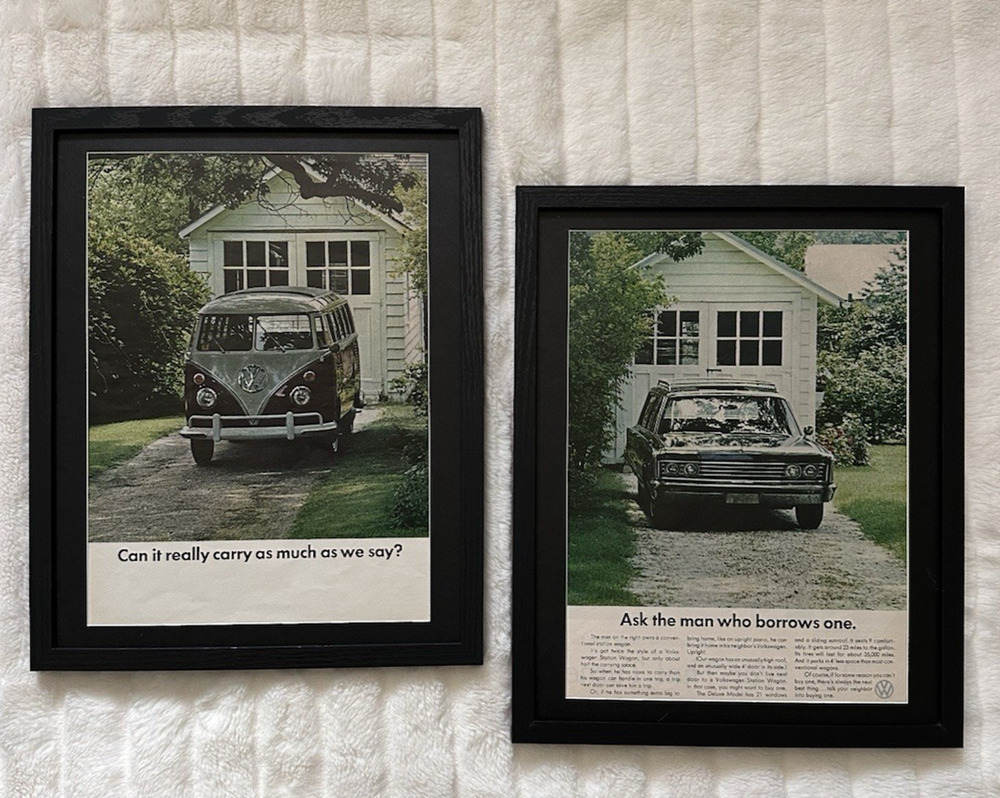 Pair of Framed 1966 Magazine Ads for Volkswagen Color